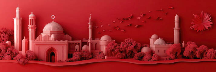 Architectural tribute to Tunisia independence day with red themed monumental silhouette. Horizontal banner. Copy space. Red Arabian holiday background