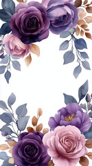 Symmetrical watercolor floral border frame, centered arrangement of violet roses and lilac peonies, eucalyptus foliage accents, transparent background, refined and balanced