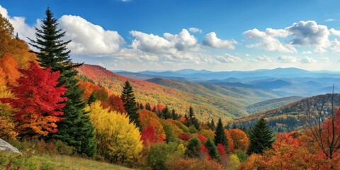 A breathtaking panoramic vista of rolling hills blanketed in a vibrant tapestry of autumn foliage, showcasing the beauty of nature's seasonal transformation.