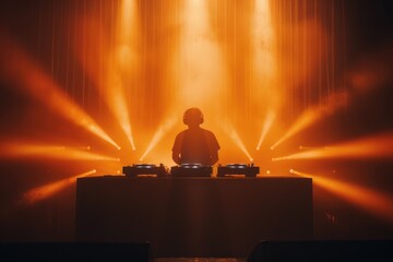 DJ set on a stage  silhouette in a warm backlight with two turntables