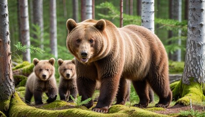 Obraz premium Mama bear and her cute cubs in a forest. Close up of female Eurasian brown bear (Ursos arctos) and her cubs in boreal forest