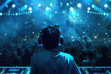 Obraz premium DJ with headphones at night club party with crowd