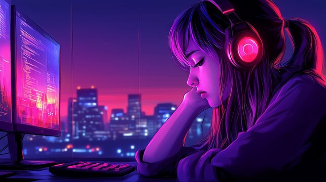 Young woman coding at night with neon cityscape background