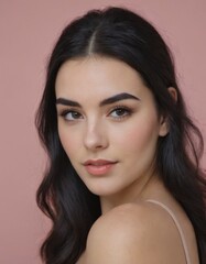 Fototapeta premium Elegant portraits of a woman with various poses, natural makeup, and soft background.