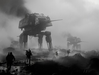 Fototapeta premium Futuristic Warfare: Soldiers and Armored Vehicles in a Desolate Battlefield