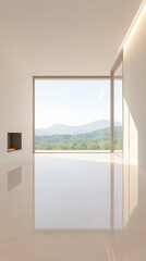 Fototapeta premium Modern Minimalist Living Room with Stunning Mountain View: A spacious and elegant living room with clean lines and a minimalist aesthetic.