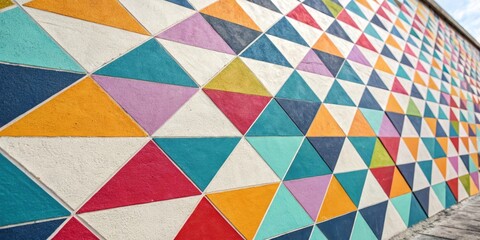 A vibrant wall adorned with a geometric pattern of colorful triangles, creating a visually stimulating abstract design.