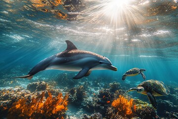 Naklejka premium a bottlenosed dolphin a its calf under the surface of the ocean with sun rays shining through with other tropical fish, bright corals and a sea turtle.generative ai