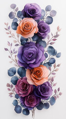 Watercolor floral border frame with gradient of purple roses and lilac flowers, delicate eucalyptus foliage, soft transparent background, vertical frame layout, gentle and refined