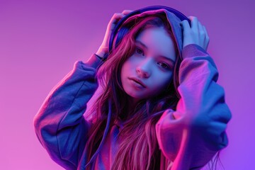 Teen model in hoodie dances to 90s music in neon lit studio.