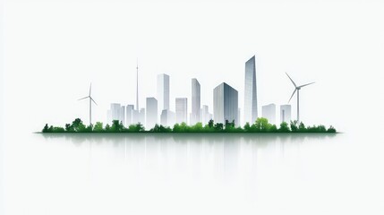 Fototapeta premium Modern City Skyline Surrounded by Lush Greenery and Wind Turbines