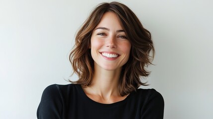 Fototapeta premium Joyful Woman at Hair Salon Radiating Happiness