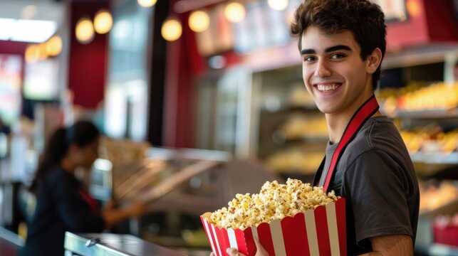 Young employee serving popcorn at a busy cinema snack counter during movie hours with a friendly smile