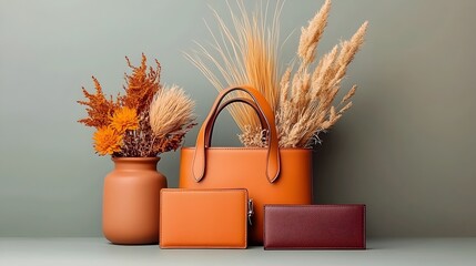 Refined eco conscious vegan leather handbag wallet and other accessories elegantly arranged on a simple muted color background with soft shadows showcasing the design