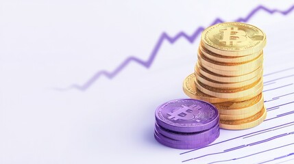 Stacked Cryptocurrency Coins with Rising Graph Background in Finance Concept