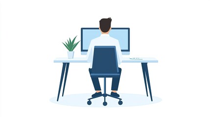 Professional Male Working at a Desk with Computer and Plant
