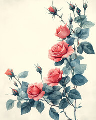 Watercolor rose wreath border frame, pink and red roses with green foliage, circular shape, romantic and elegant, balanced design, soft brush textures, vintage romance