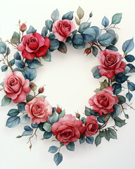 Watercolor rose wreath border frame, pink and red roses with green foliage, circular shape, romantic and elegant, balanced design, soft brush textures, vintage romance