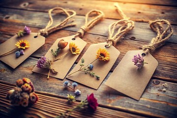 Vintage Style Photography Featuring Blank Tags in a Rustic Setting with Natural Lighting and Soft Focus for Creative Labeling and Personalization Ideas