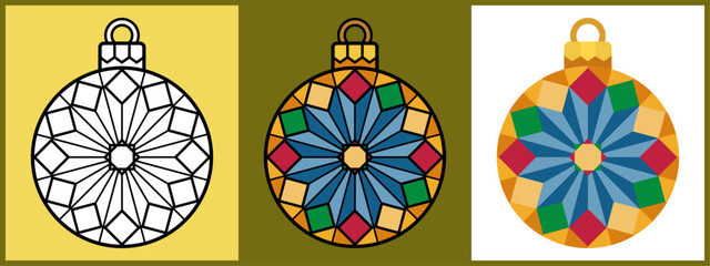 Christmas Ornament Balls with Geometric Mandala Stained glass, Outline Coloring Flat style. Vector illustration.