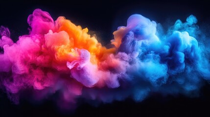 Dynamic Color Explosion of Powder and Smoke in Blue, Pink, Orange, and Yellow – Energetic Cloud-Like Burst Against a Dark Background, Perfect for Artistic, Creative, and Abstract Design Themes