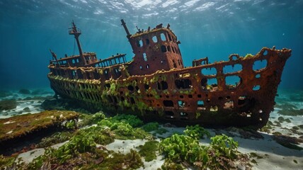 An old, rusted shipwreck resting on the ocean floor, covered in barnacles and seaweed.