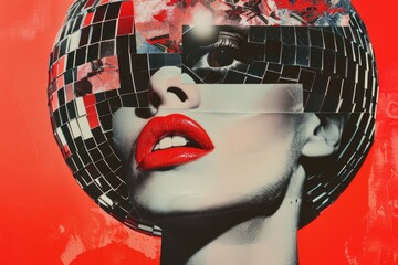 Abstract collage. Concept Disco girl with a head of disco ball and red lips
