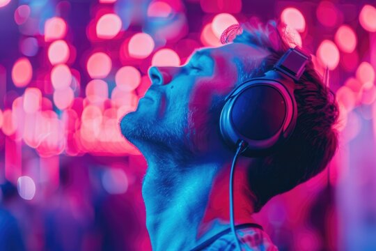 A man wearing a pair of headphones enjoying a silent disco.