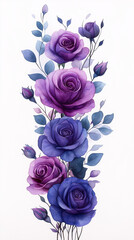 Dreamy watercolor floral border frame, violet and lavender roses with eucalyptus greenery, soft watercolor strokes, light and ethereal, isolated on transparent background