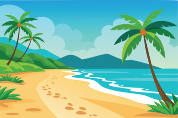 tropical beach view with lush palms and turquoise waves vector illustration
