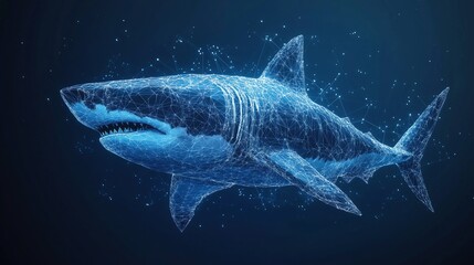 Naklejka premium Abstract Great White Shark on Dark Blue Background, Rendered with Low Poly Wireframe, Lines, and Glowing Particles for a Modern Art Design.