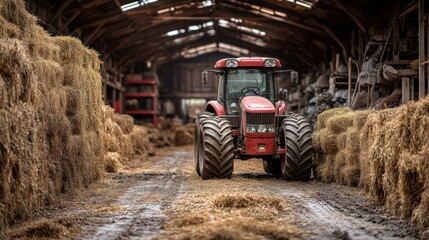Rustic Barn Scene with Red Tractor and Bales of Hay