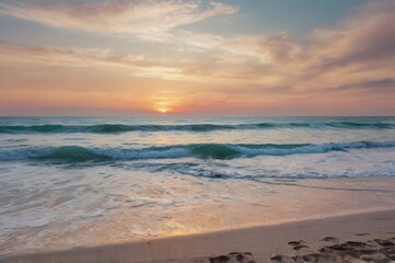 A peaceful sunset shoreline with gentle waves and a far-off horizon beneath a soft pastel sky.