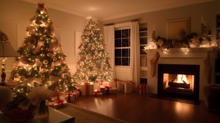 Elegant Christmas Tree Adorned with Gold and Red Ornaments and gifts in festively decorated living room