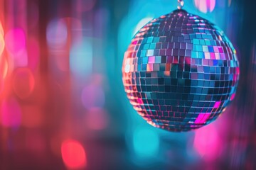 Obraz premium Colorful disco mirror ball lights night club background. Party lights disco ball. Selective focus