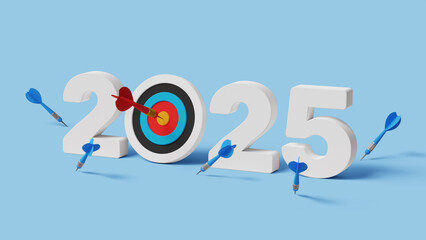 Fototapeta premium 2025 target, success plan and goals. New year resolution, never give up, try try again. Success after many failures. 2025 with archery target one hitting and many missed arrows. 3d illustration