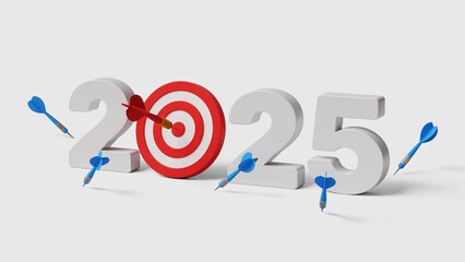 2025 target, success plan and goals. New year resolution, never give up, try try again. Success after many failures. 2025 with archery target one hitting and many missed arrows. 3d illustration