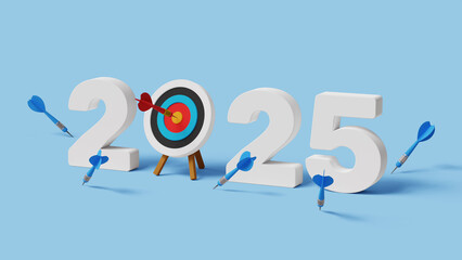 2025 target, success plan and goals. New year resolution, never give up, try try again. Success after many failures. 2025 with archery target one hitting and many missed arrows. 3d illustration