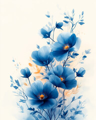 Dreamy watercolor floral border frame, blue and teal flowers with delicate leaves, light and soft hues, ethereal and whimsical, peaceful and calming design, gentle brushstrokes