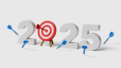 2025 target, success plan and goals. New year resolution, never give up, try try again. Success after many failures. 2025 with archery target one hitting and many missed arrows. 3d illustration