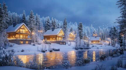 A serene winter landscape with snow-covered ground, frosty trees, and glowing lights illuminating...