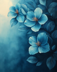 Dreamy watercolor floral border frame, blue and teal flowers with delicate leaves, light and soft hues, ethereal and whimsical, peaceful and calming design, gentle brushstrokes