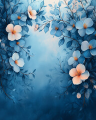 Dreamy watercolor floral border frame, blue and teal flowers with delicate leaves, light and soft hues, ethereal and whimsical, peaceful and calming design, gentle brushstrokes