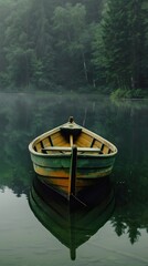 Obraz premium Serene Wooden Boat on a Foggy Lake in a Lush Forest