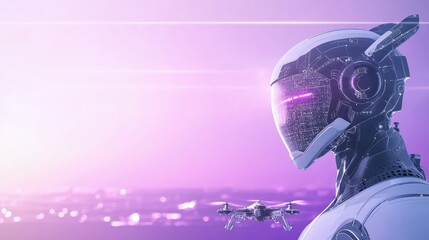 Futuristic Robotic Being with Drone in a Neon Landscape