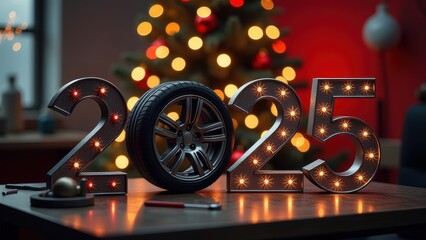 Illuminated "2025" numbers with a car tire replacing the zero, set in a festive Christmas background, symbolizing new journeys and celebration in the upcoming year