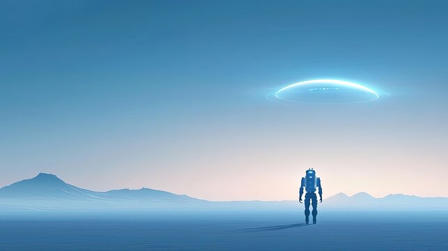 Futuristic Robot Standing Alone Under a Mysterious Floating Object