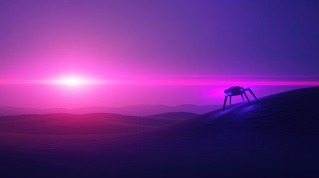 Futuristic Robot on a Distant Alien Landscape at Sunset