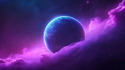 Stunning Cosmic Scene with a Vibrant Planet Surrounded by Ethereal Clouds