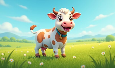 A cheerful cartoon cow in a vibrant green field, perfect for children's content, education, or farm-themed projects.